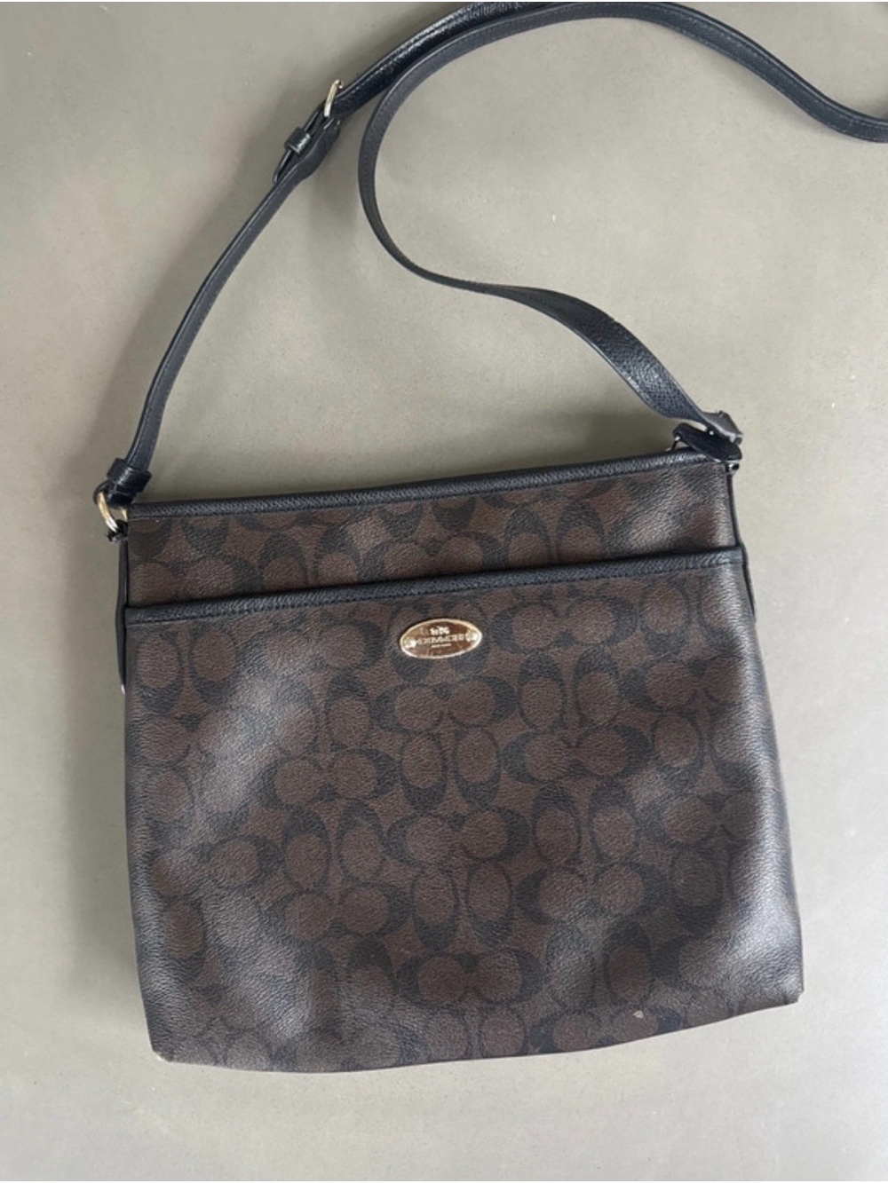 Coach Dark Brown Signature Crossbody Bag with Black Strap